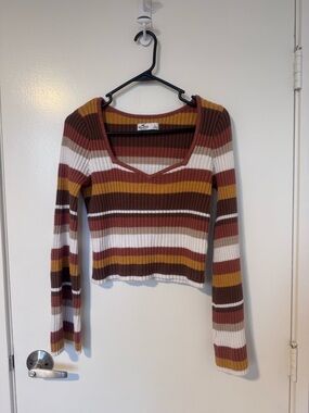 Hollister Striped Rib-Knit V-Neck Crop Sweater - Multi Rust/White